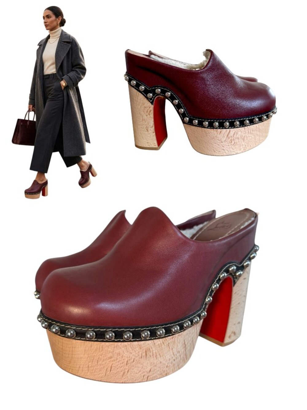 BRAND NEW AUTHENTIC CHRISTIAN LOUBOUTIN SHEARLING STUDDED LEATHER MULES 6/36